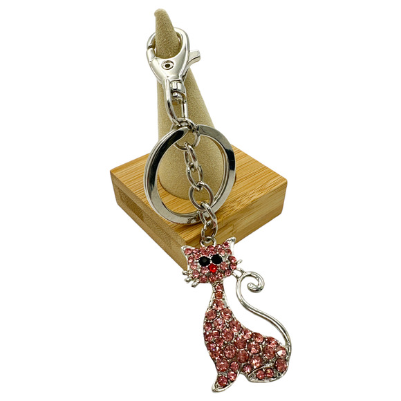 Kitty Cat Keychain w/ Rhinestone Crystals, Split Key Ring & Clip, w/ Gift Bag - Picture 2 of 4